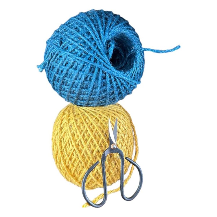 Ficelle de jute naturelle biodégradable, jaune safran, bleu